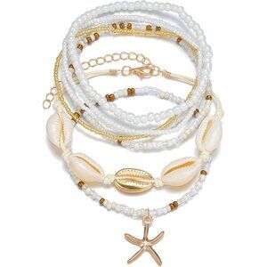 Shell Ankle Bracelet Set for Women Gold Plated Boho Bead Adjustable Anklet Gifts